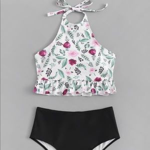 Floral Peplum Top with High Waist Bikini Set